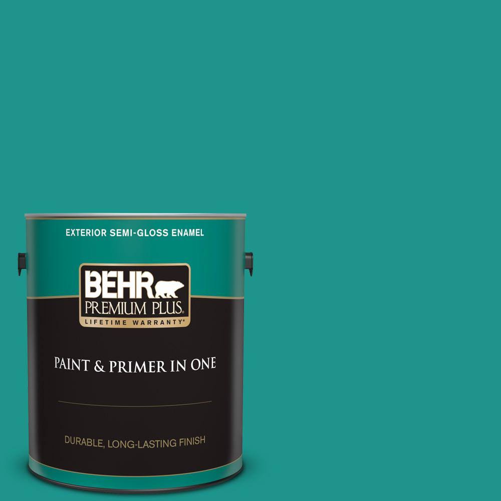 BEHR Premium Plus 1 gal. #S-G-490 Intense Teal Semi-Gloss Enamel Exterior Paint and Primer in One