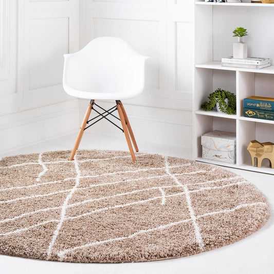 Soft Touch Shag 6 ft Round Khaki Abstract Area Rug