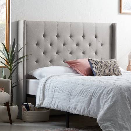 Rest Haven Linen-Inspired Diamond Tufted Wingback Upholstered Headboard - Full, Gray