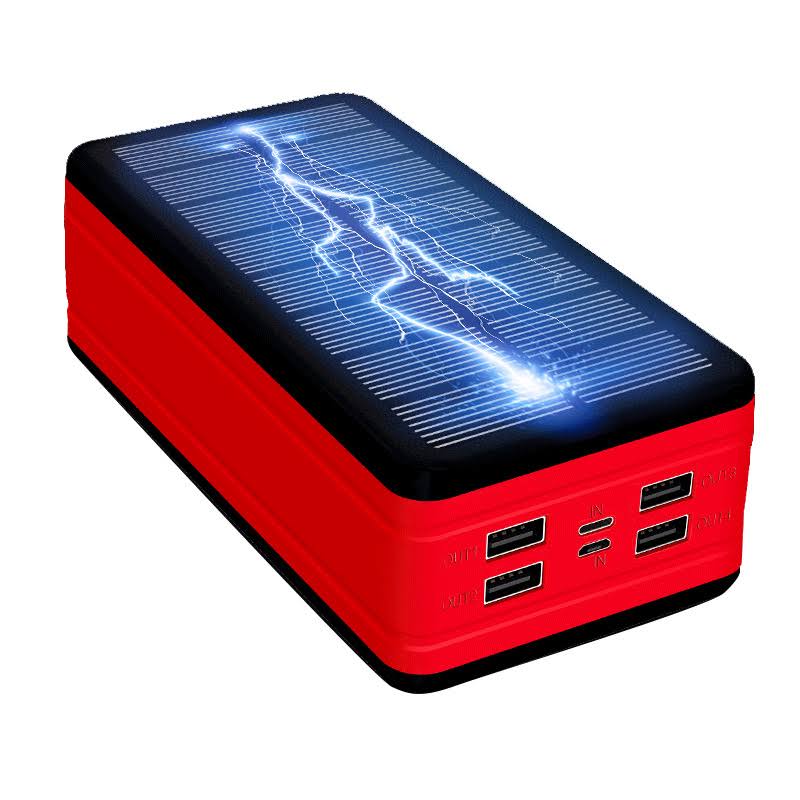 (Red) Solar Power Bank, Large Capacity Portable Charger, LED Waterproof