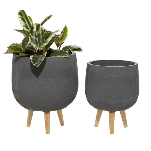 ( Set of 2 ) Grey Polystone Contemporary Planter, 15