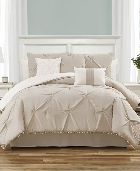 Sanders Pom-Pom 7-Piece Queen Comforter Set - Linen