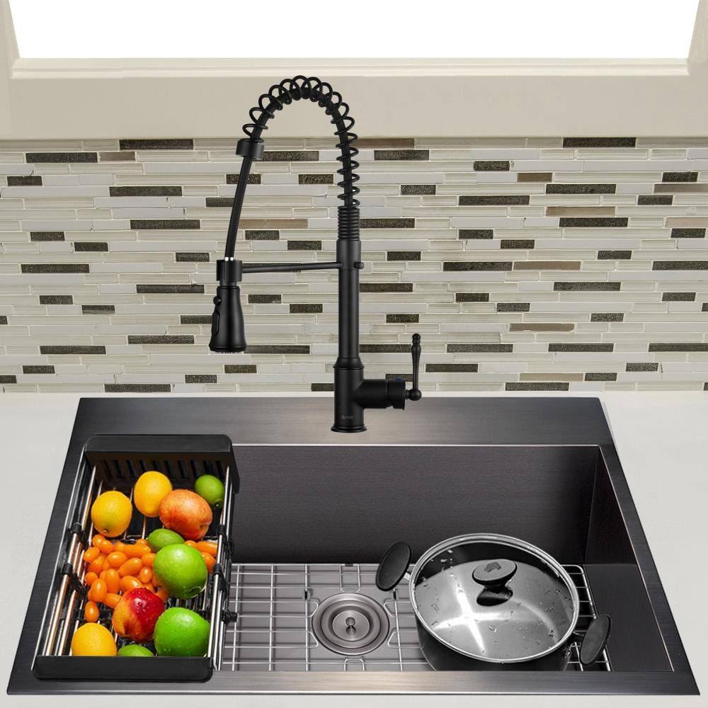 AKDY Drop-In 30-in x 18-in Matte Black Single Bowl 1-Hole Kitchen Sink All-in-One Kit Stainless Steel | KS0519-KF12