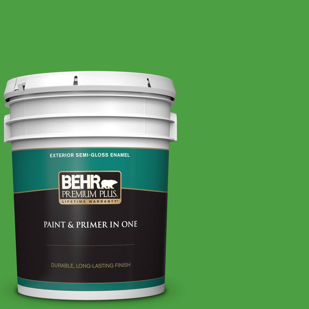 BEHR Premium Plus 5 gal. #S-G-440 Green Acres Semi-Gloss Enamel Exterior Paint and Primer in One